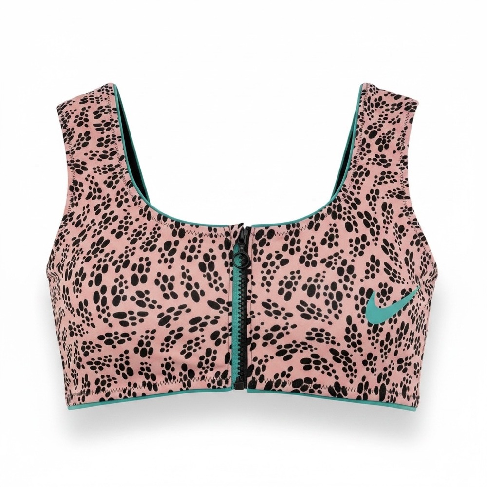 Nike‎ Swim Womens Coral Black Party Dots Print Front Zip Bikini Top Medium NEW